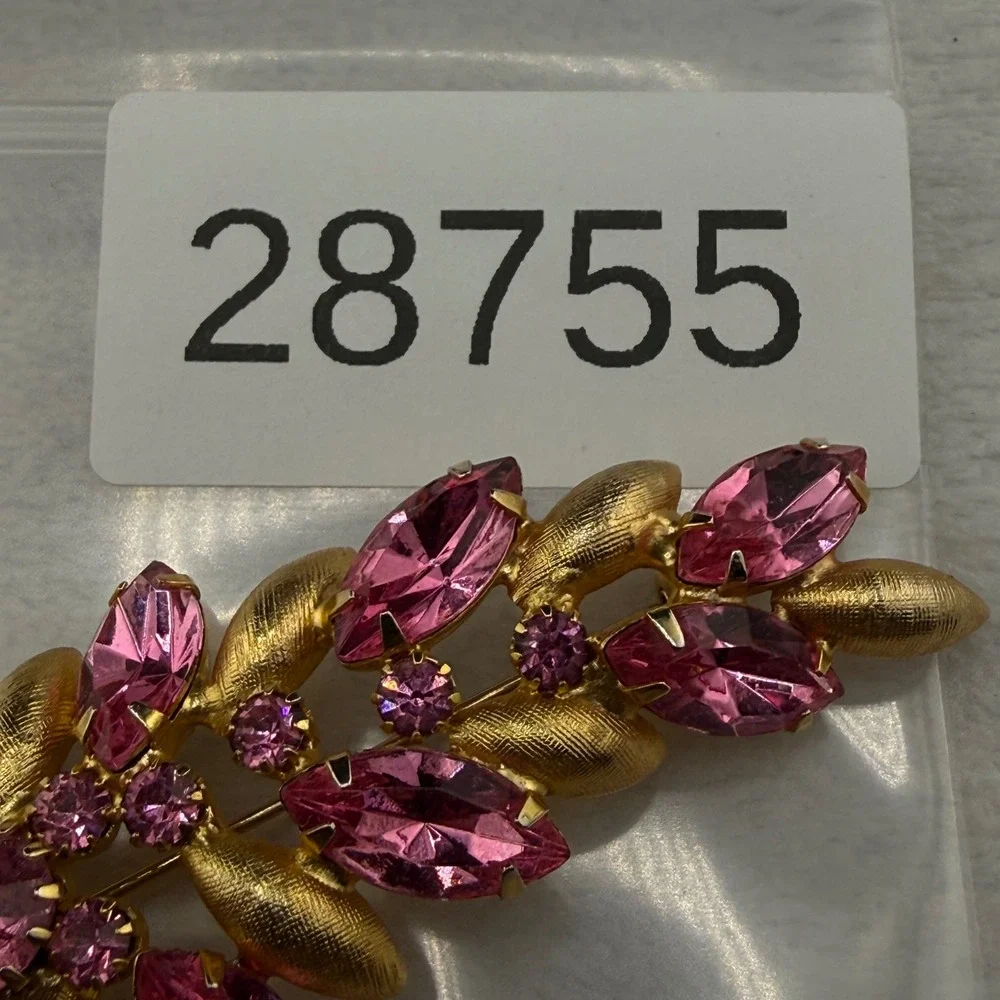 Vintage Rhinestone Brooch Pink Gold Tone Leaf Spray